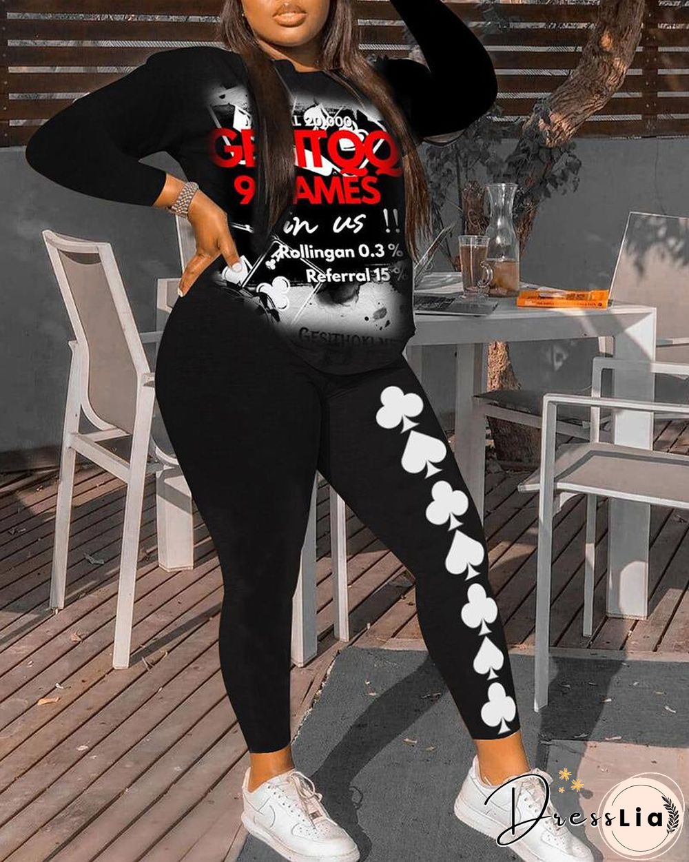Letter Print Casual Top & Poker Print Pants Set