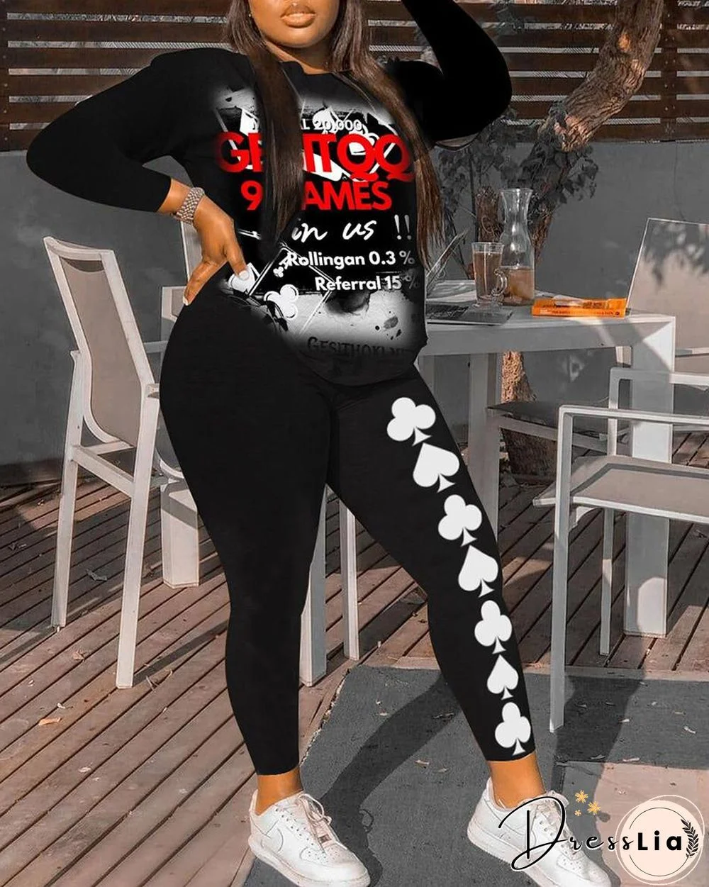 Letter Print Casual Top & Poker Print Pants Set