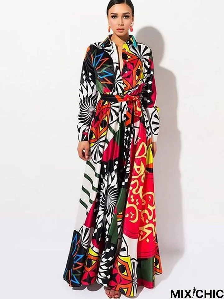 Women's Swing Dress Maxi Long Dress - Long Sleeve Print Patchwork Print Summer Square Neck Elegant Sexy Going Out Slim Red