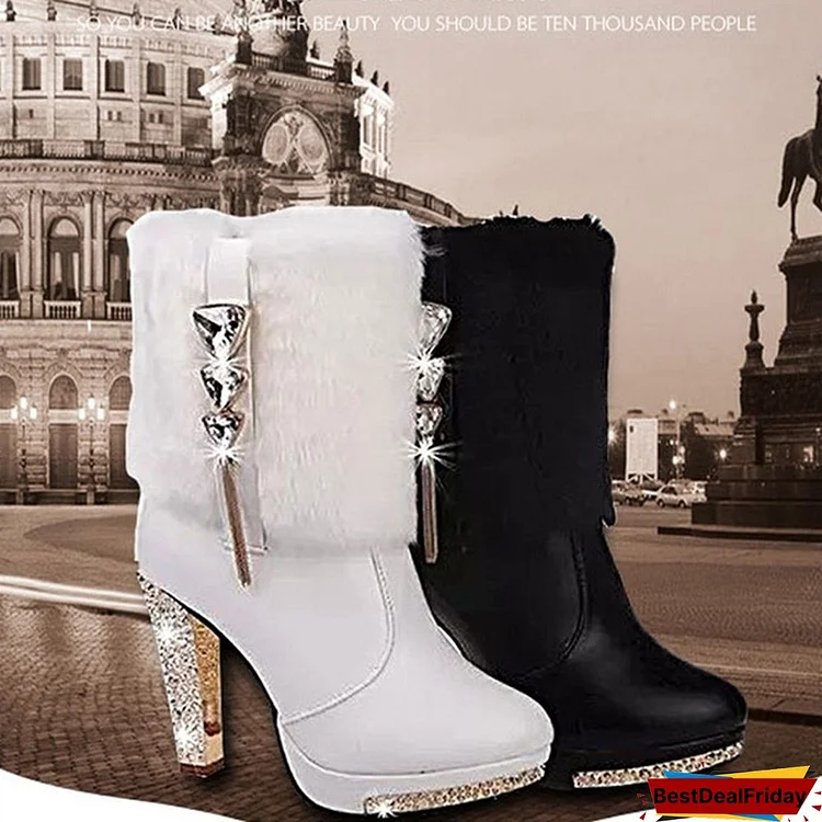 Winter Fashion Ladies Gorgeous Thick Heel Leather Faux Fur Boots (US Size 4.5-9.5, White / Black)