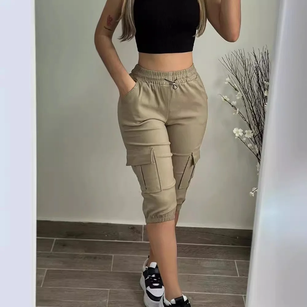 Wongn Wongn Women's Wear Tight Waist Slim Show Slim Casual Multi-Pocket Solid Color Cropped Pants