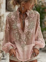 Women's Pink Floral Embroidered Art V-neck Blouse