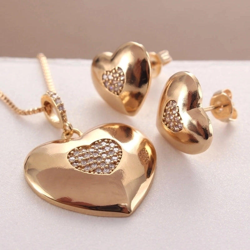 Copper Gold Plated Basic Plating Inlay Heart Shape Zircon Jewelry Set