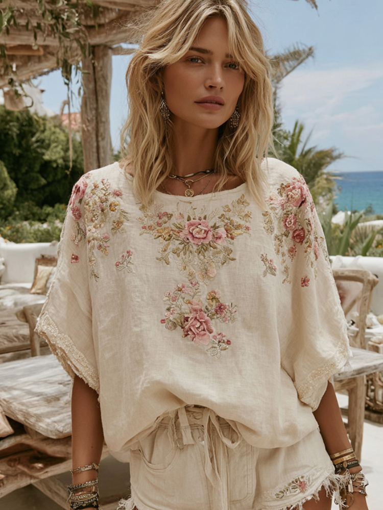 Vintage Pink Roses Art kerek nyakú lenvászon tunika