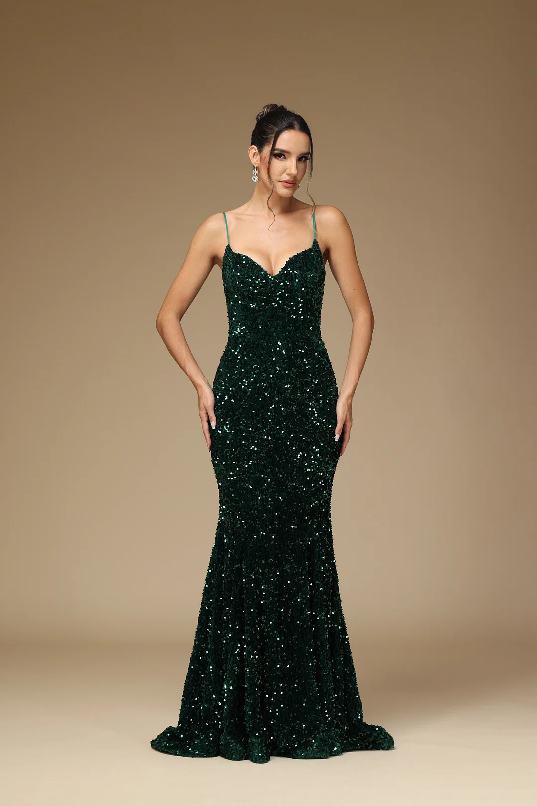 Okdais Sequins Long Prom Dress Spaghetti Strap Green Mermaid Sleeveless YX0018