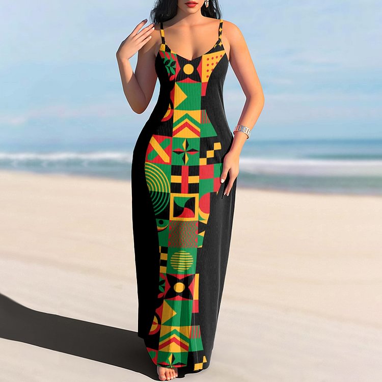Vefave Juneteenth African Print Suspender Maxi Dress