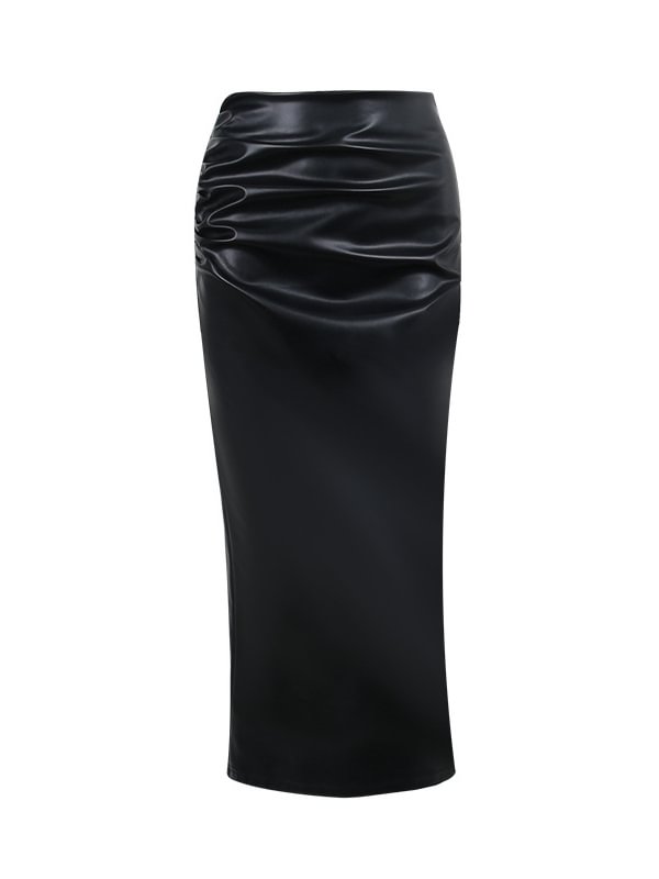 Trendy Black Gathered Bodycon PU Dress