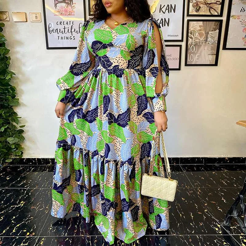 Summer Party Long Maxi Dress 2022 VONDA Women Vintage Long Sleeve Slit Vintage Printed Pleated Dress Casual Vestido Femininas