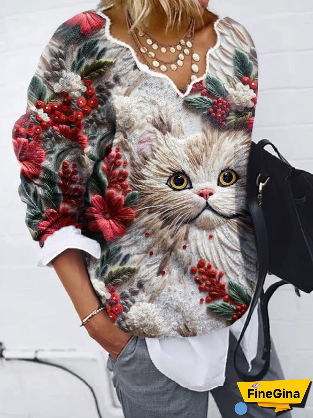 Women's Cat Print French Cashmere V-Neck Top