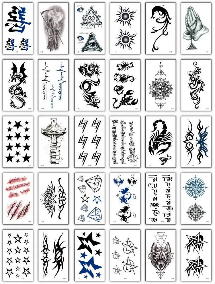 30pcs/lot temporary chinese tattoos set small fake tatoo boys black arm sleeve tattoo sticker words hand tattoo waterproof mens