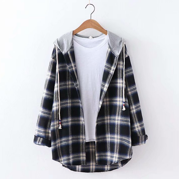 Plaid Hooded Shirt with Drawstring - Tartan Hoodie - Modakawa Modakawa