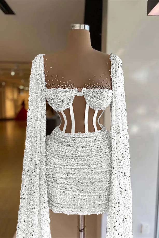 Daisda Stunning Pink Sequins Long Sleeves Slim Short Homecoming Dress with Beadings 