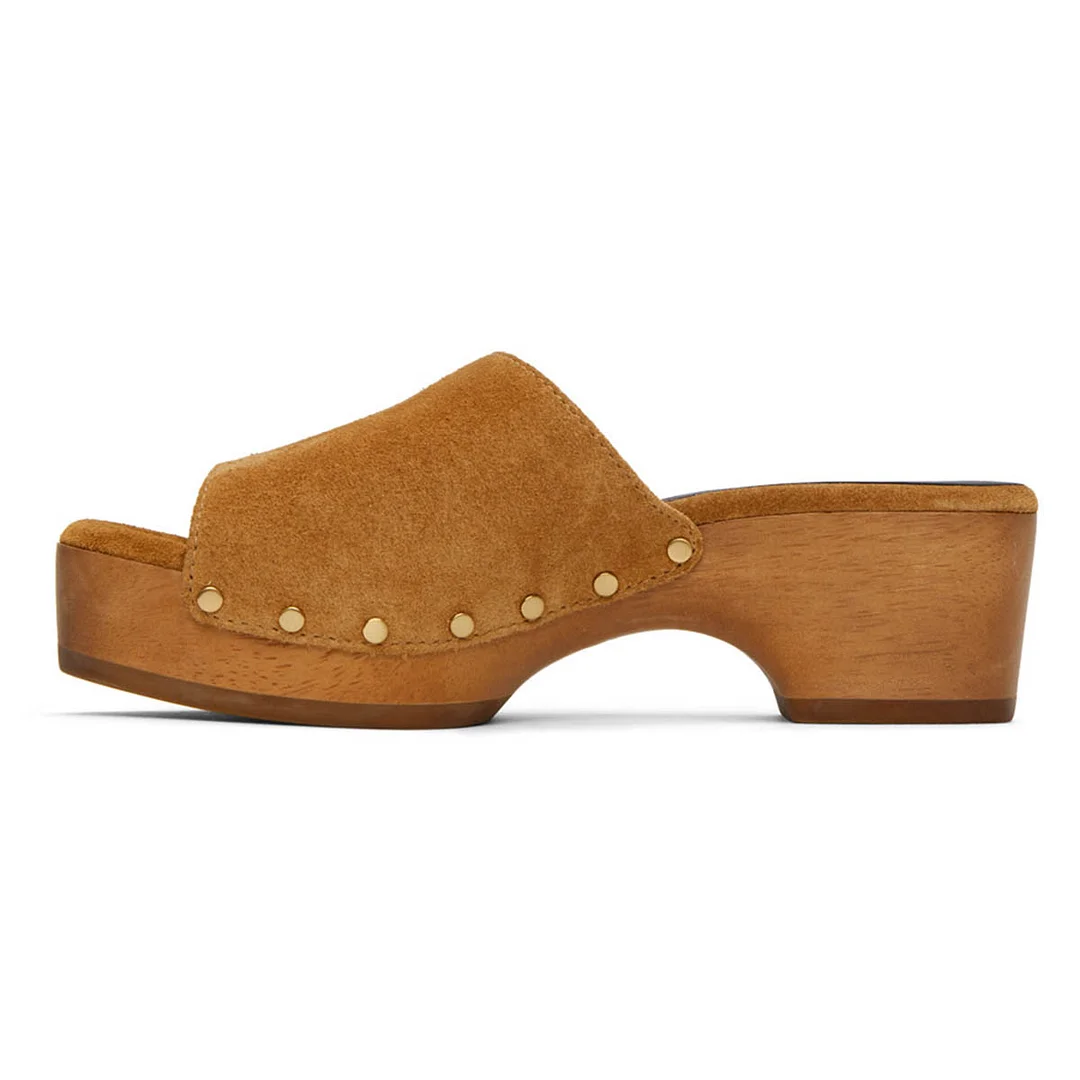 Tan Vegan Suede Chunky Heel Stud Decor Platform Slide Sandals