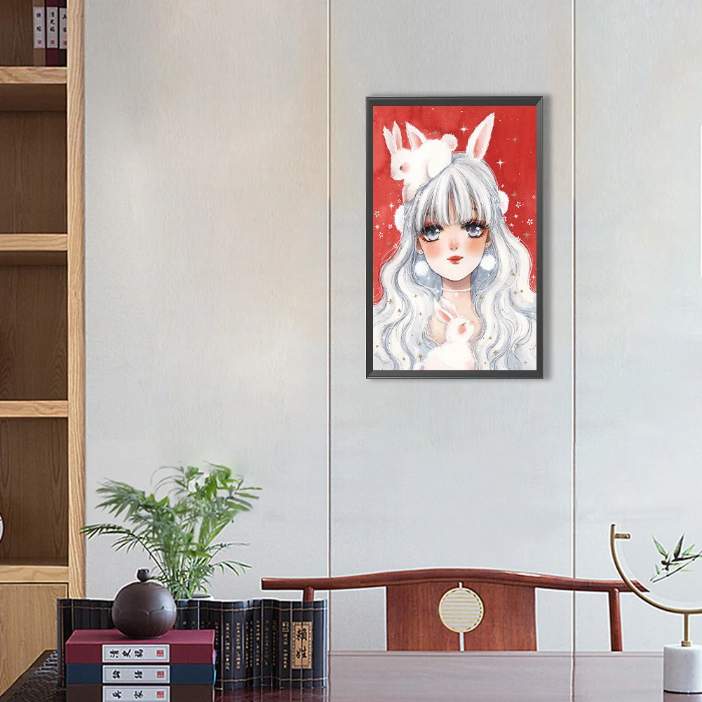 Full Round Diamond Painting 30*50cm - White Hair Bunny Ears Girl