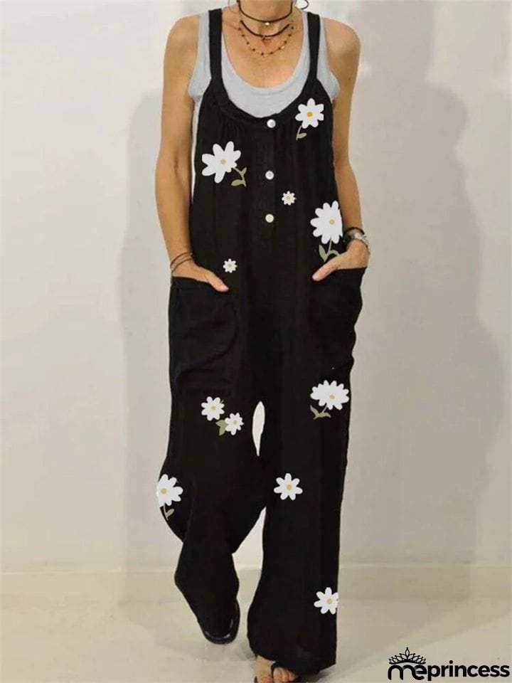 Laid-Back Scoop Neck Front Patch Pocket Daisy Print Straight-Leg Jumpsuit