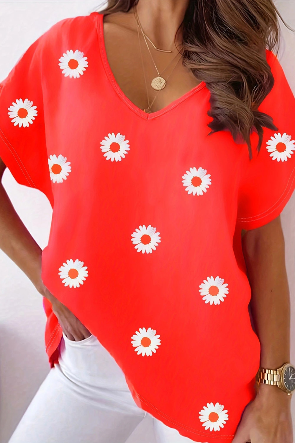 Plus Size Everyday Green Daisy Print V Neck T-Shirt 2024 - Flycurvy 