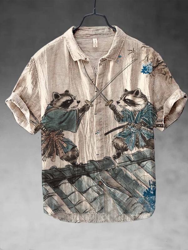 Men's Two Handsome Swordsman Raccoons In Samurai Costumes Fighting Art Print Short Sleeve Shirt