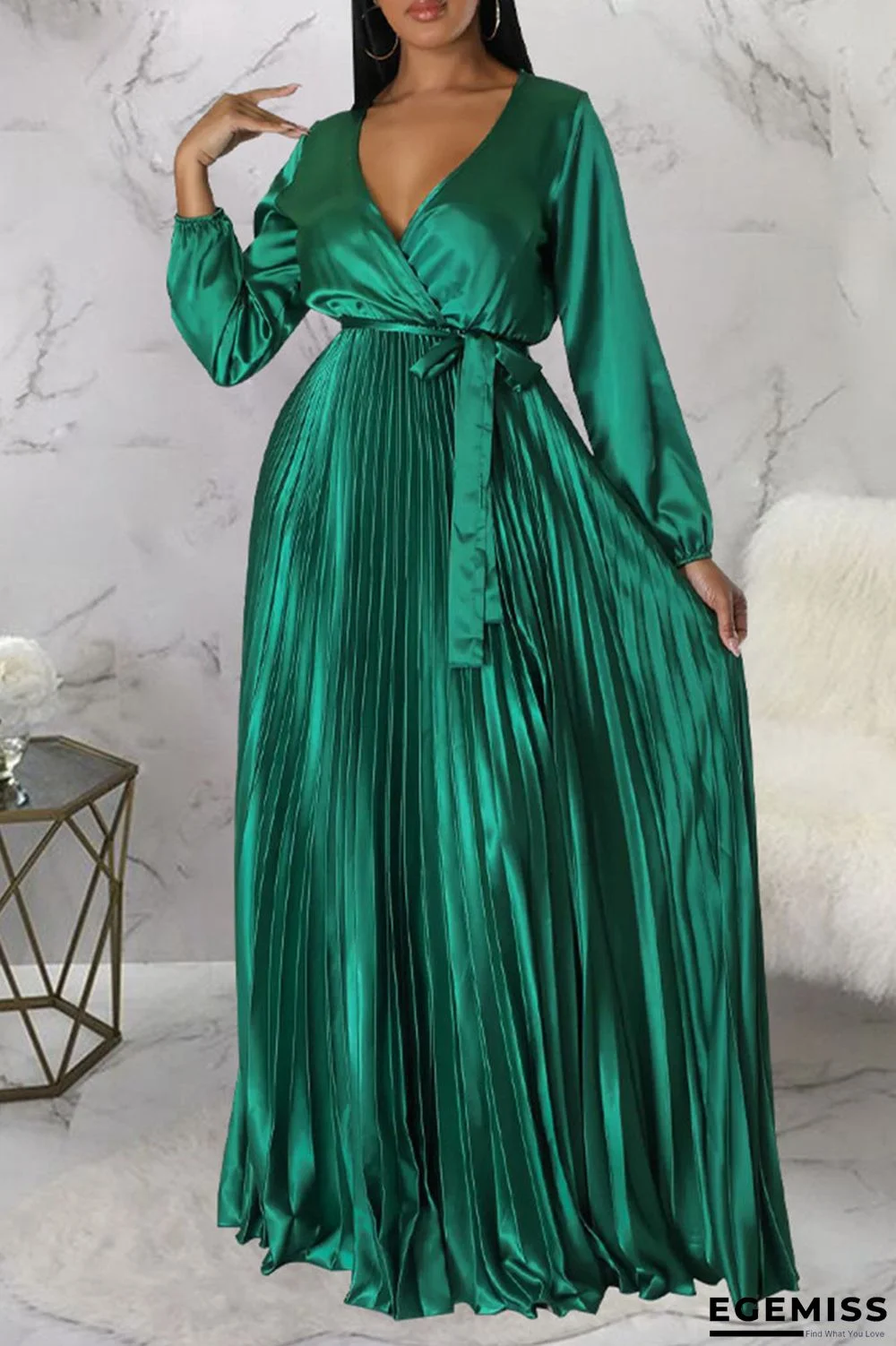 Green Casual Elegant Solid Bandage Patchwork Fold V Neck Straight Dresses | EGEMISS