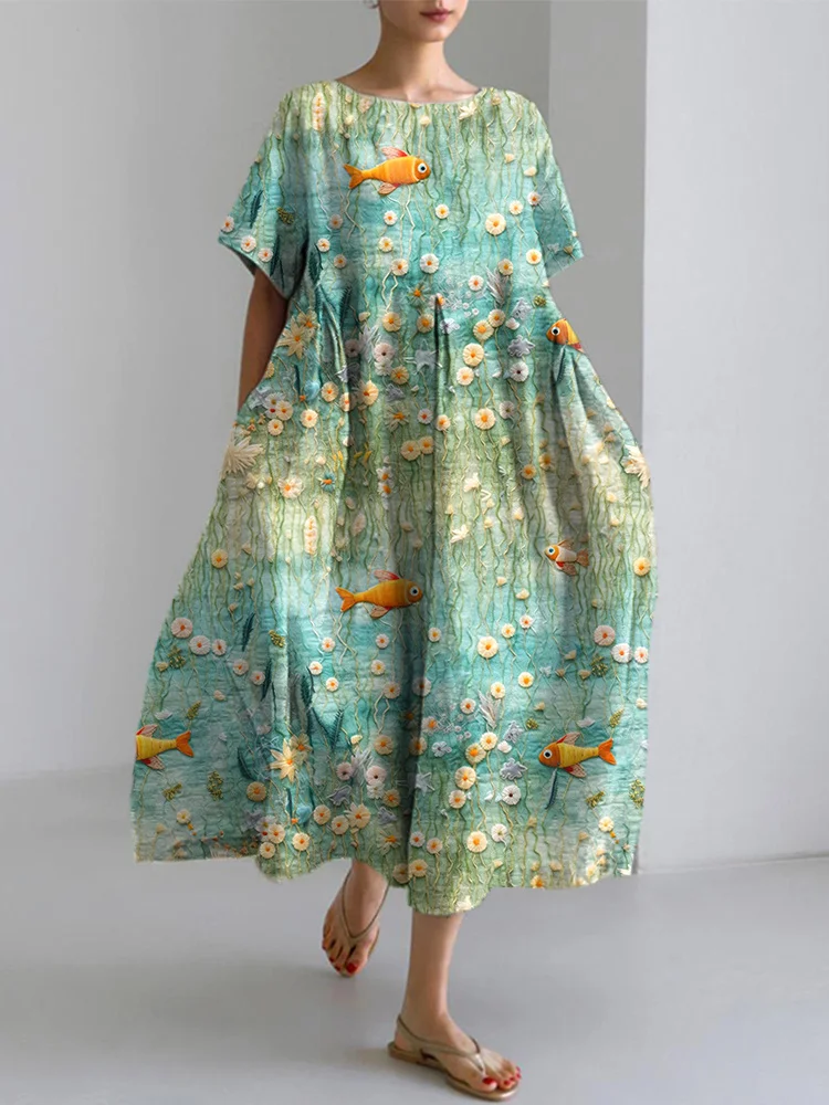 Ocean Inspired Felt Art Print Linen Blend Dress
