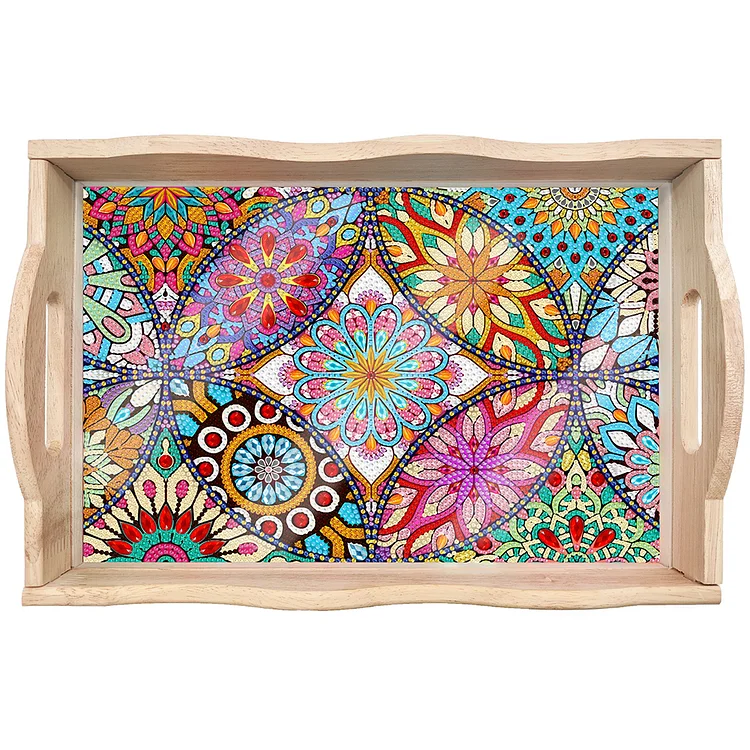 Wooden Mandala 5D DIY Diamond Painting Serving Tray with Handle for Home Decor(13.78x9.65x0.39inch)