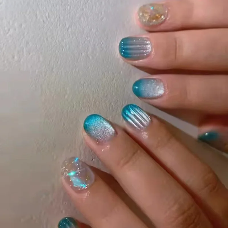 Churchf Churchf Nails Cat Eye Wearing Armor Blue Removable Beauty Nail Piece Simple Nail Patch 24 Pieces