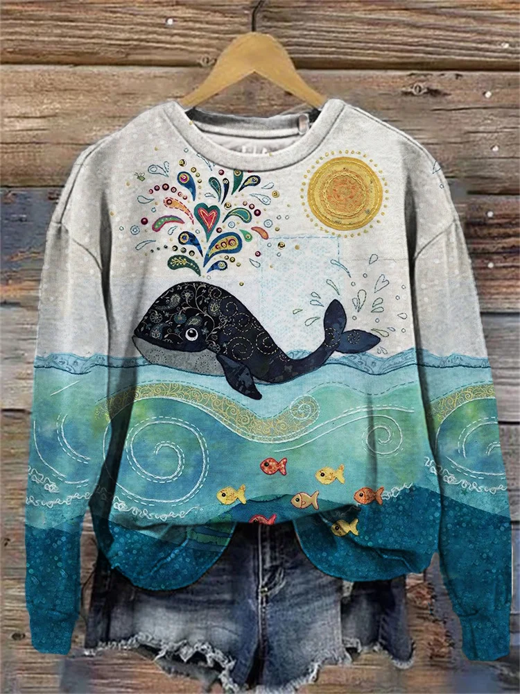 Lovely Whale Fiber Art Cozy Sweatshirt