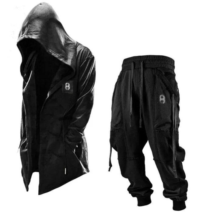 Men's Outerwear Stand Collar Zipper Pocket Letter Print Hooded Coat Two Pieces Pants Set