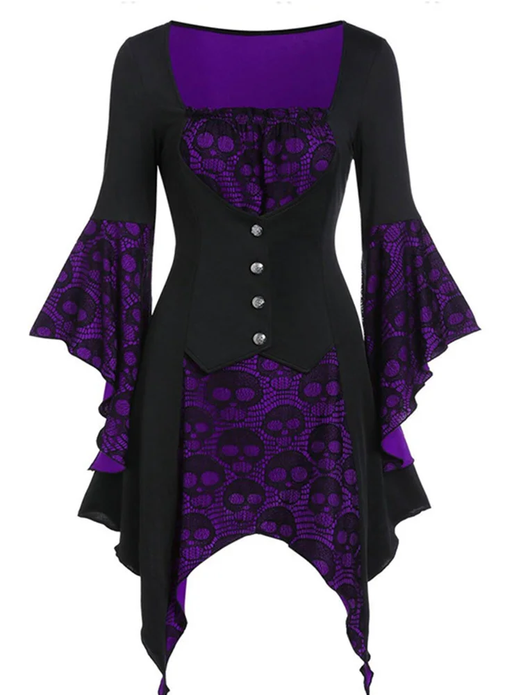 Wearshes Halloween Gothic Skull Print Lace Stitching Dress
