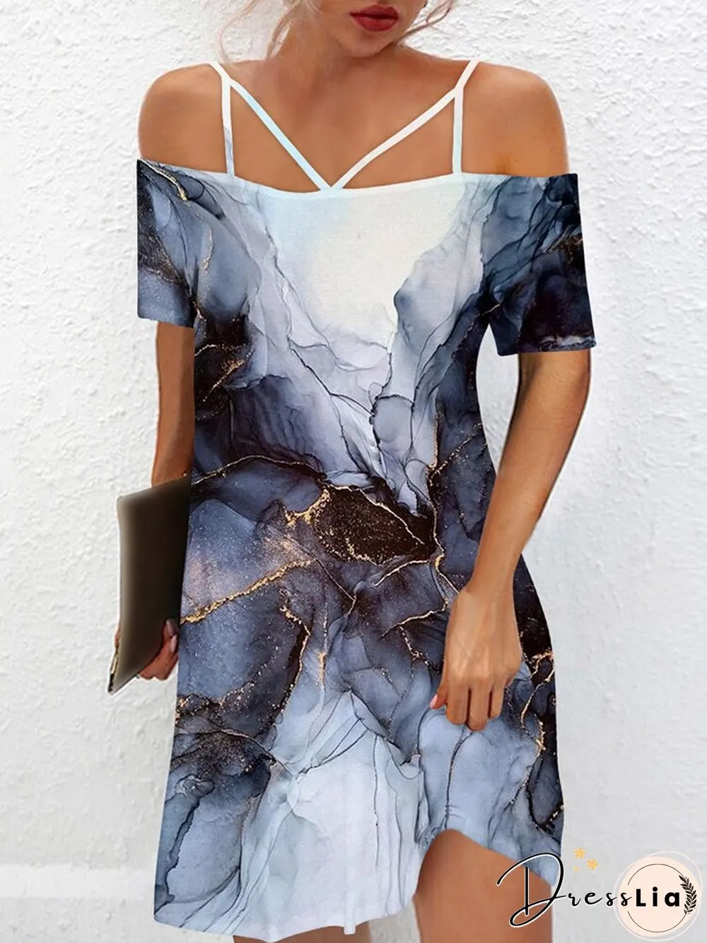 Vintage One-Line Neck Cross Strap Dress Women Summer Sexy Short Sleeve Backless Mini Dress Ladies Fashion Printed Loose Dresses