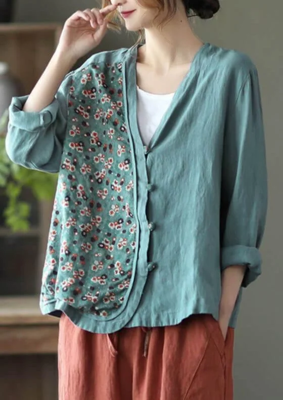 Women V Neck Stitching Floral Linen Tops