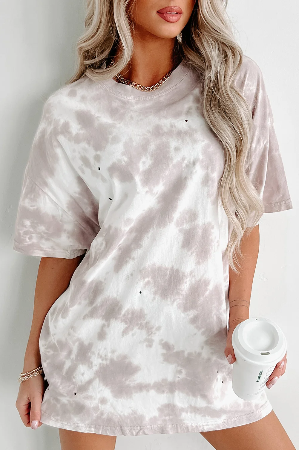 White Tie-dye Round Neck Short Sleeve Top | IFYHOME