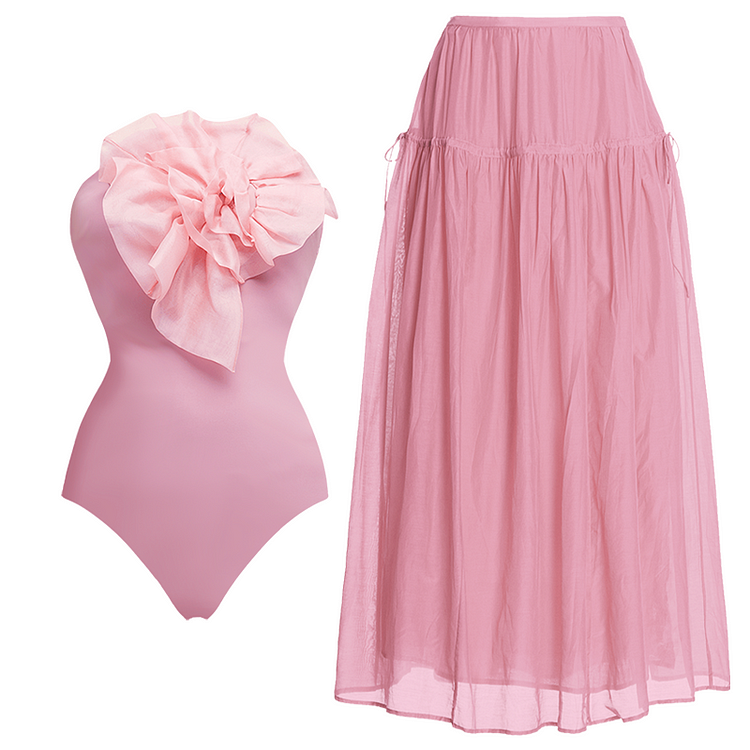 Organza 3D Flower Decor One Piece Swimsuit and Skirt Flaxmaker(Shipped on Jun. 10th)