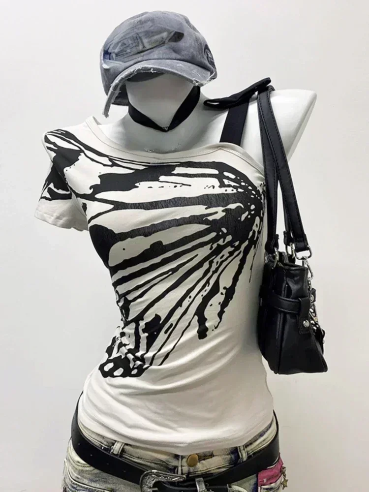 Aonga 2025 Summer Sexy One Shoulder Design Y2k Vintage T-Shirts Women Streetwear 2000s Casual Print Tees Korean Fashion Punk Crop Tops aonga