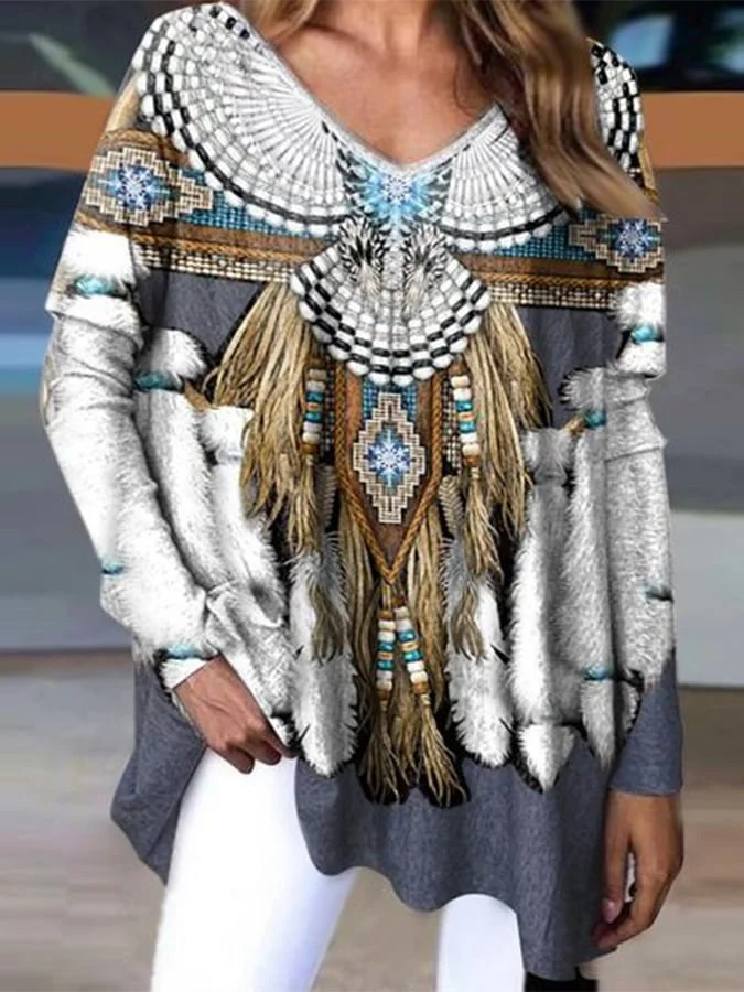 Cotton Western Vintage Feather Print Top