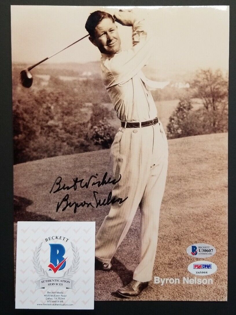 BYRON NELSON Autographed MASTERS, PGA, U.S OPEN CHAMPION 8x10 Photo Poster painting. BECKETT