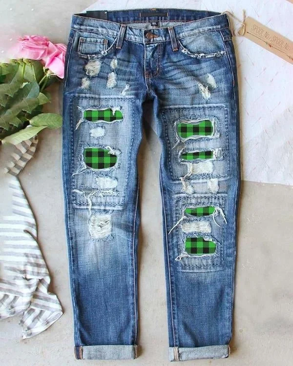 Check Casual Straight Jeans