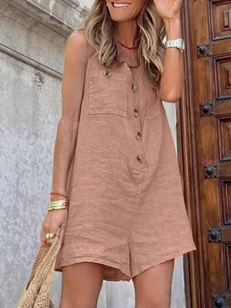 Solid Pocket Button Sleeveless V Neck Casual Romper