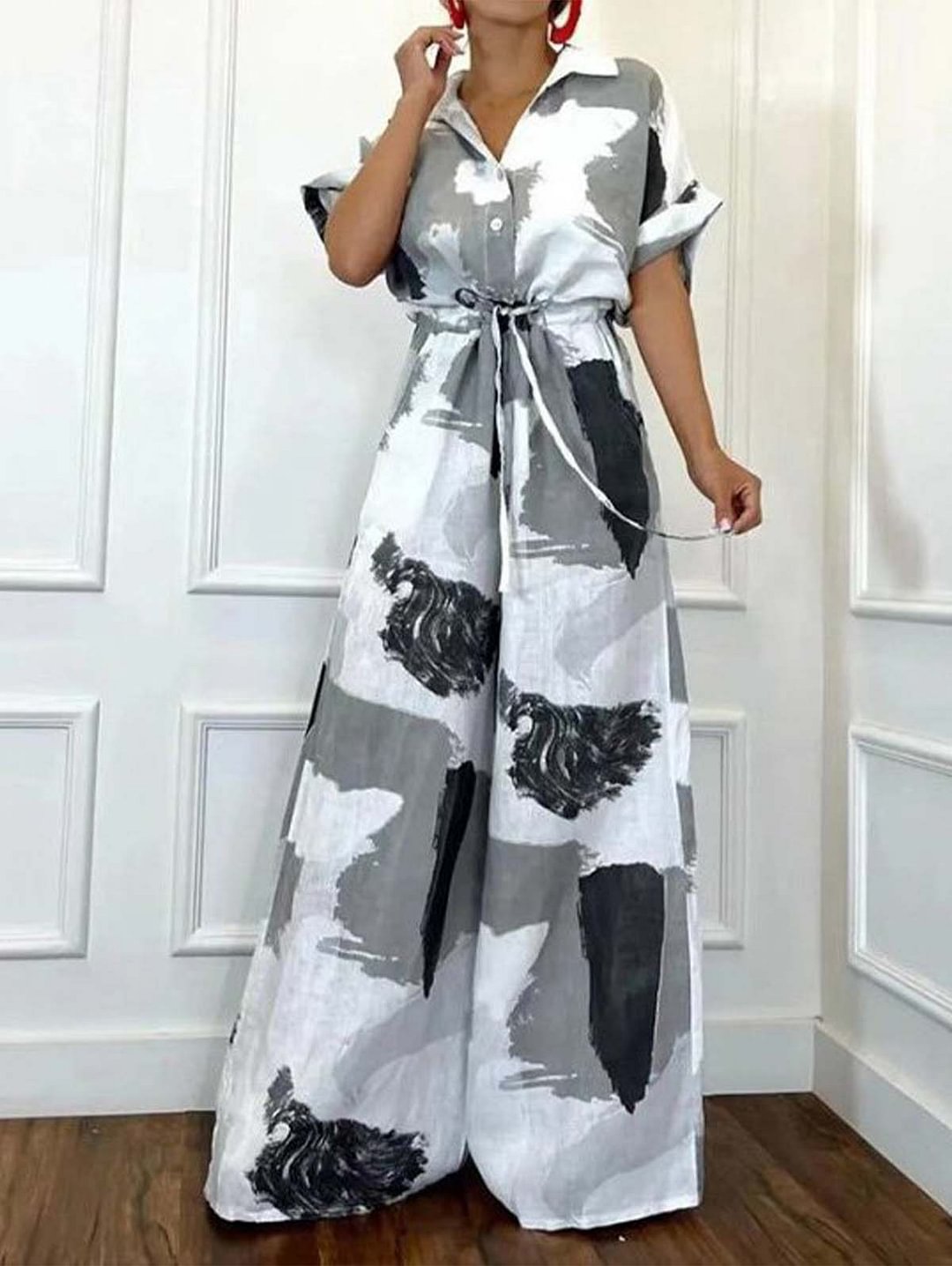 Printed Short Sleeve Shirt Nipped Waist Wide Leg Jumpsuit