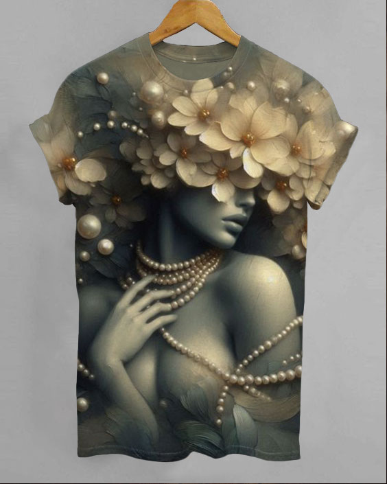 Pearl Sexy Girl Print Round Neck Short Sleeve Shirt