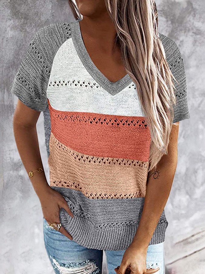 Striped Colorblock V-Neck Sweater Casual T-Shirt