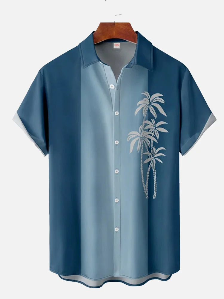 Blue Series Color Stitching Palm Tree Printing Short Sleeve Shirt