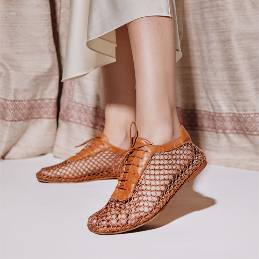 Vegan Leather Square Toe Mesh Comfy Flat Lace Up Shoes in Brown Nicepairs
