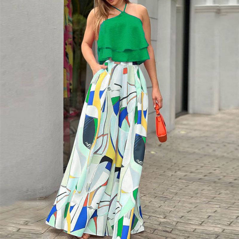 Rotimia Fashion Ruffle Sleeveless Top Loose Maxi Skirt Set