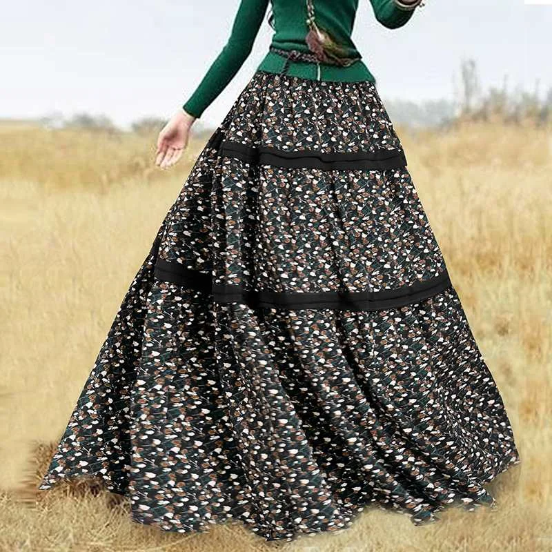 Women Printed Faldas Saia ZANZEA 2022 Summer Lace Skirts Holiday Vestidos Female Stiching Elastic Waist Floral Robe