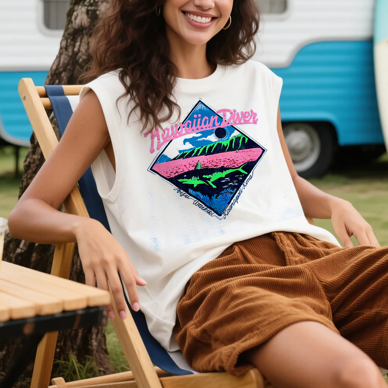 Unisex Street Casual Loose Round Neck Cotton Sleeveless T-shirt Hawaii Print Top