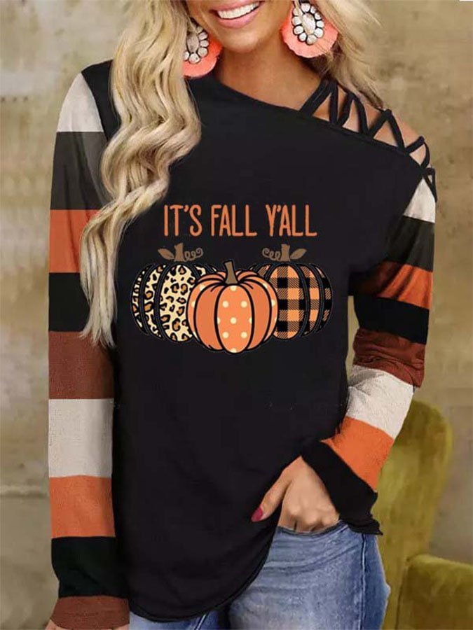 Color-Block Cross-Tape Printed Off-The-Shoulder Top