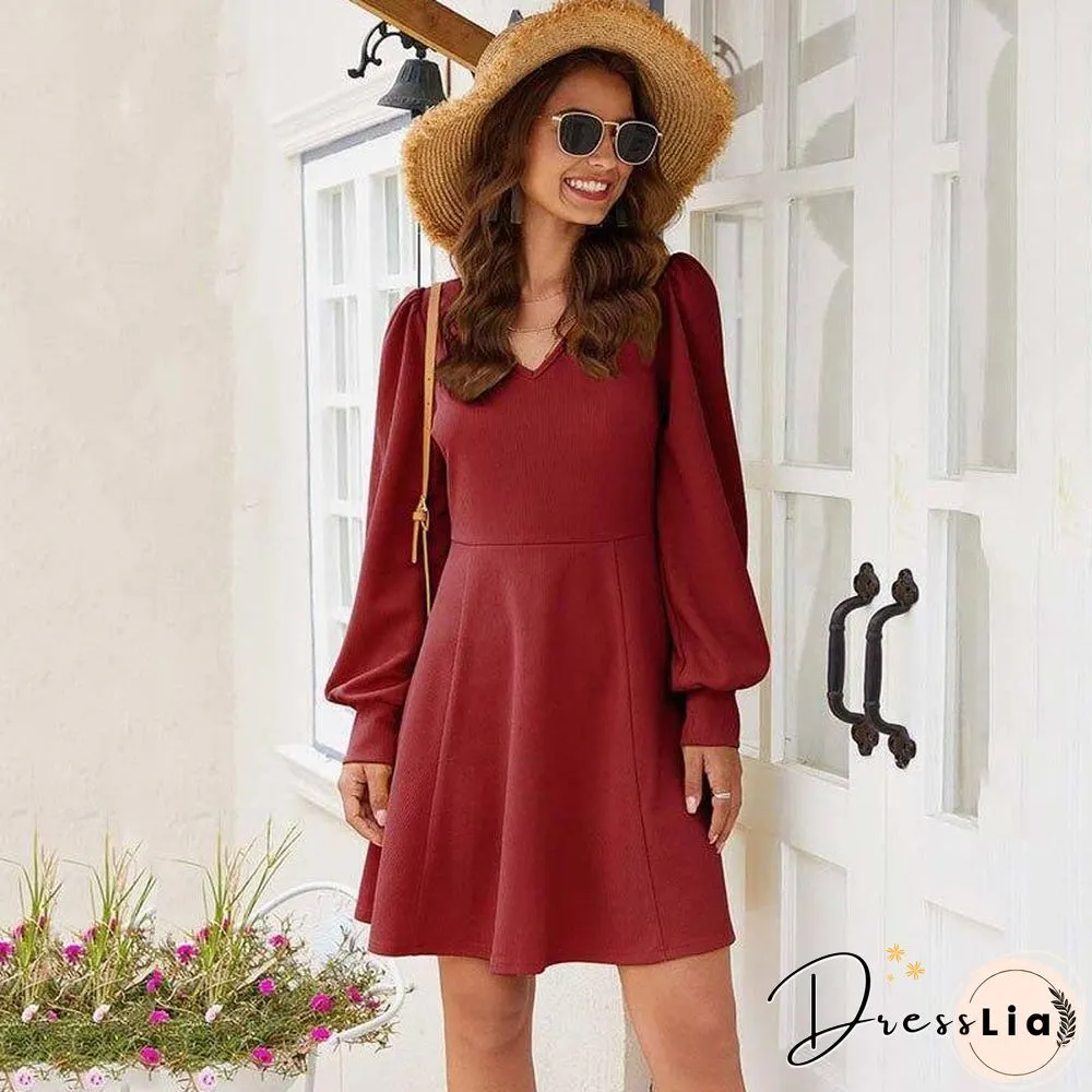Spring Short Party Dress Women Elegant Line Ladies Sexy V-neck Long Sleeve Bodycon Beach