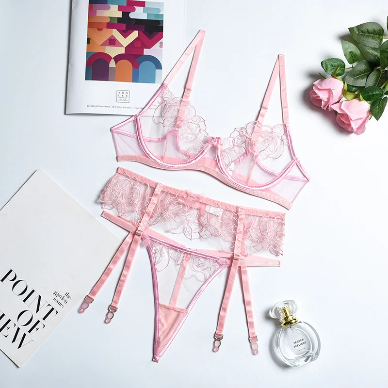 Billionm Pink Lingerie Set Women Blue Floral Embroidery Lengerie Nightwear Lace See Through Underwear Push Up Bra Panty Fancy Erotic Sets