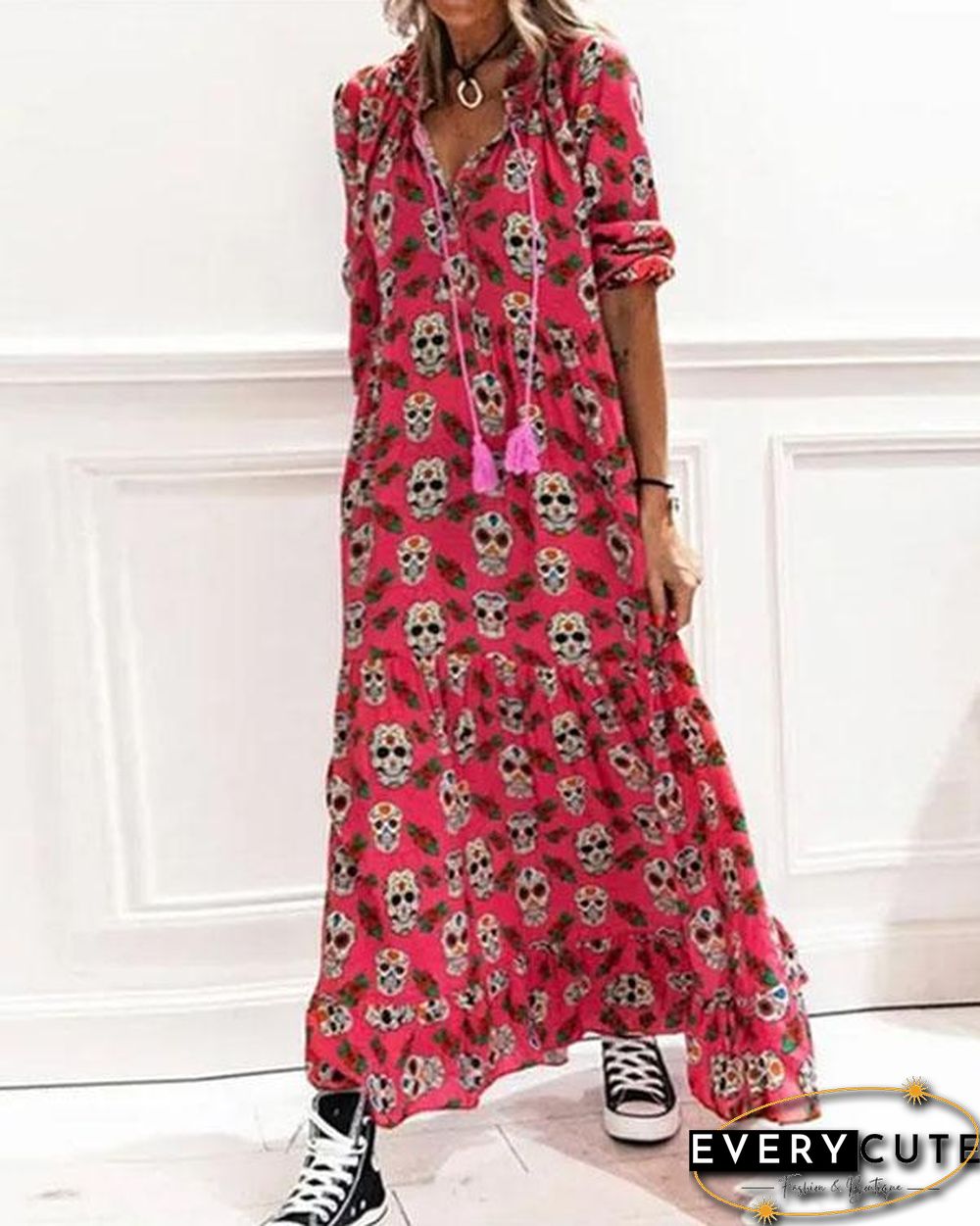 V Neck Lace Up Boho Maxi Dress