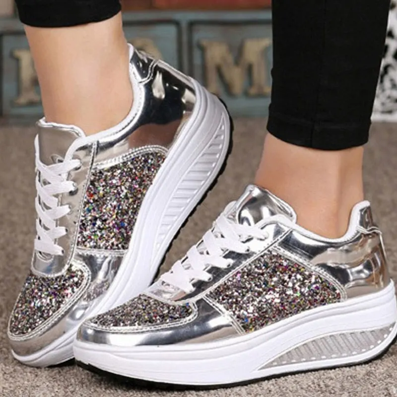 Women's Ladies Wedges Sneakers Sequins Shake Shoes Fashion Girls Sport Shoes Women Sneakers Woman Sneakers Shoes 2019 White Shoe